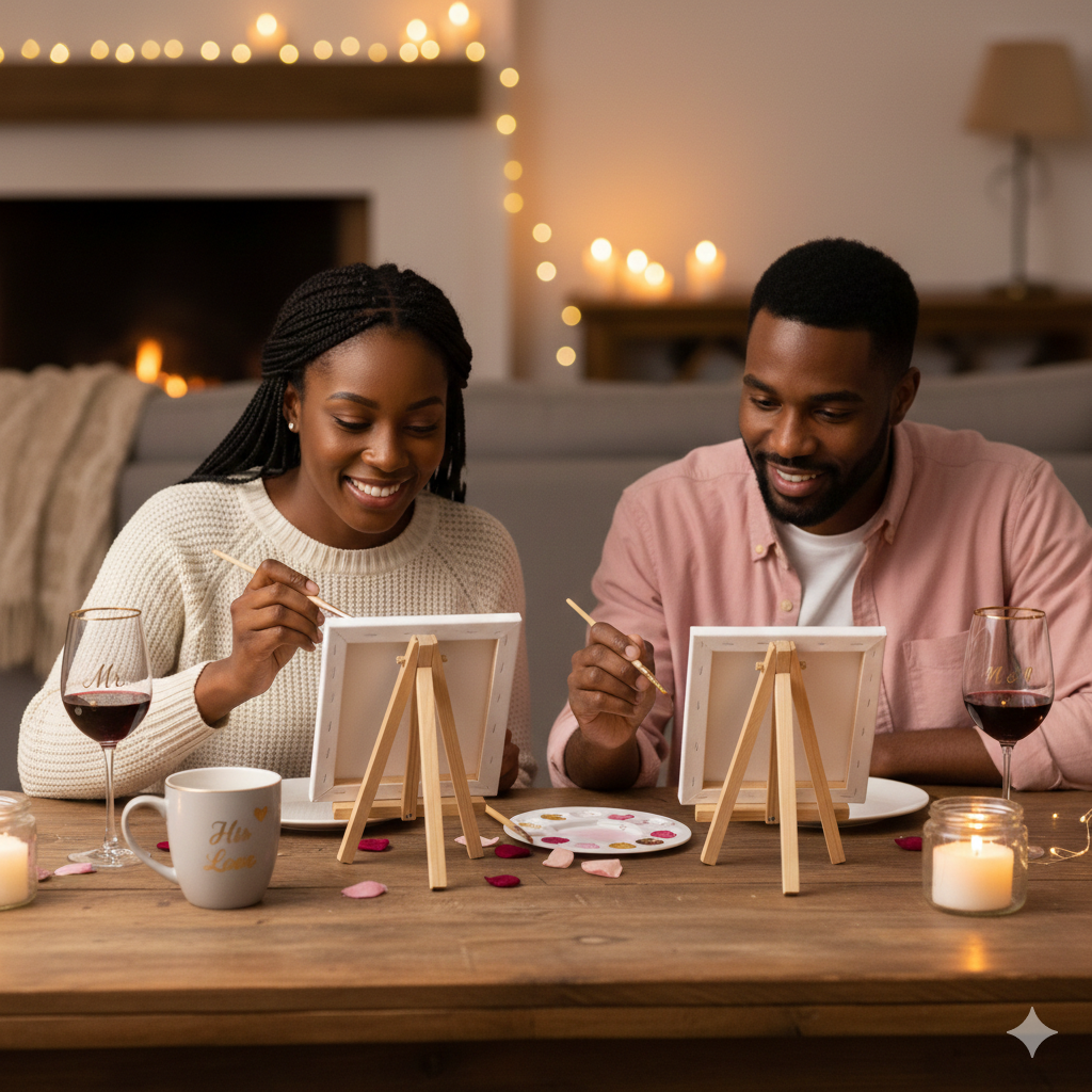Two people painting small canvases at a table with wine glasses and candles in a cozy room.