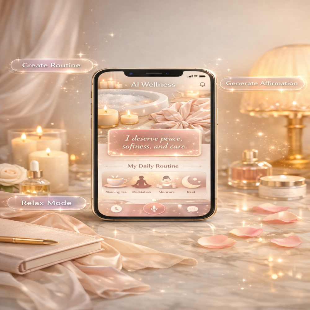 Smartphone displaying a wellness app interface with candles, flowers, and a lamp in the background