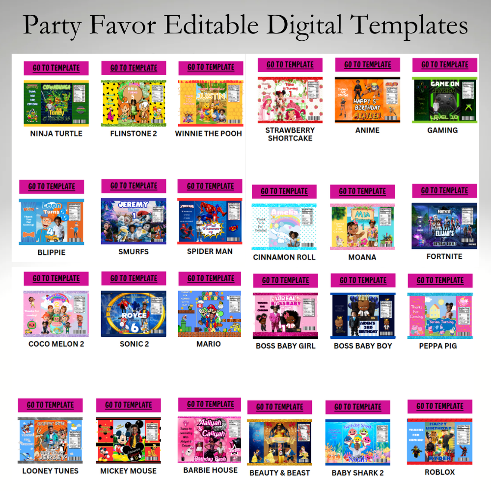 Party Favor Digital Kit - Editable w/ Canva