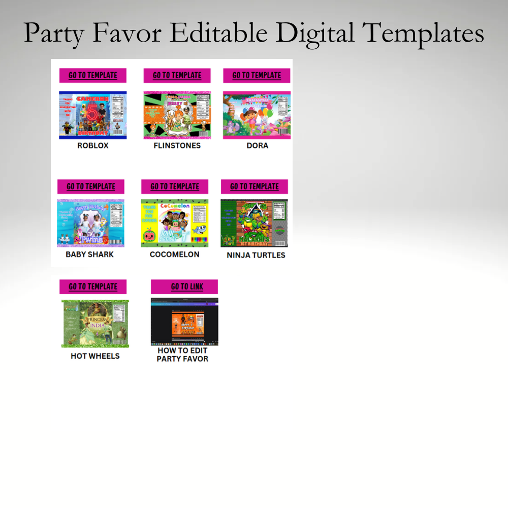 Party Favor Digital Kit - Editable w/ Canva