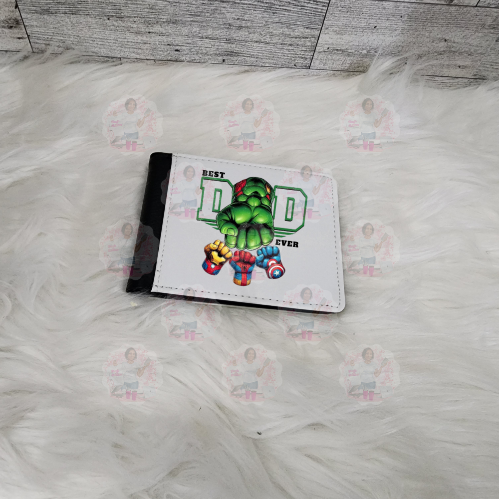 Hulk-themed Wallet with 'Best Dad Ever' text on a white surface