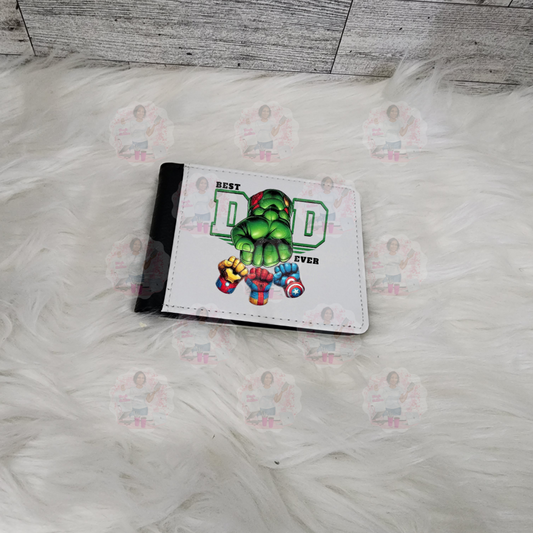Hulk-themed Wallet with 'Best Dad Ever' text on a white surface