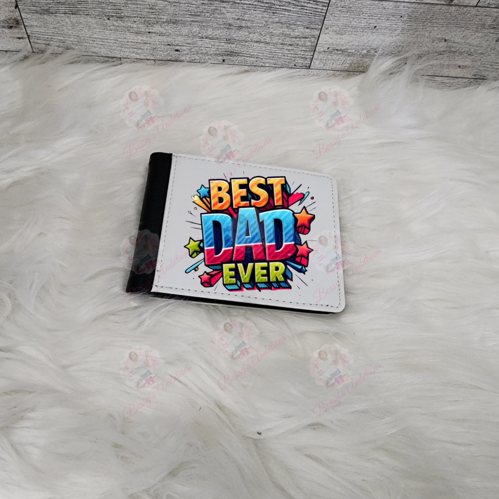 White wallet with 'Best Dad Ever' text on a fluffy white surface