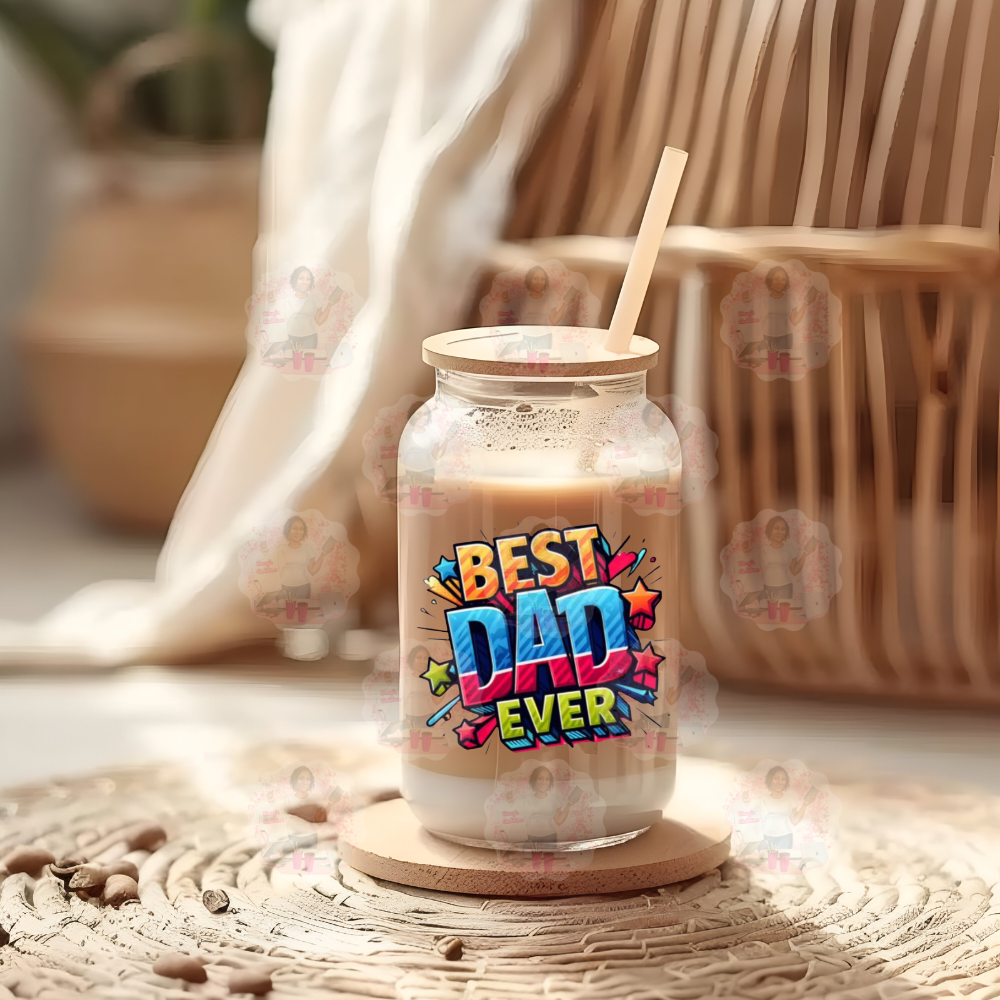 Glass Tumbler with a straw, labeled 'Best Dad Ever', on a woven mat.