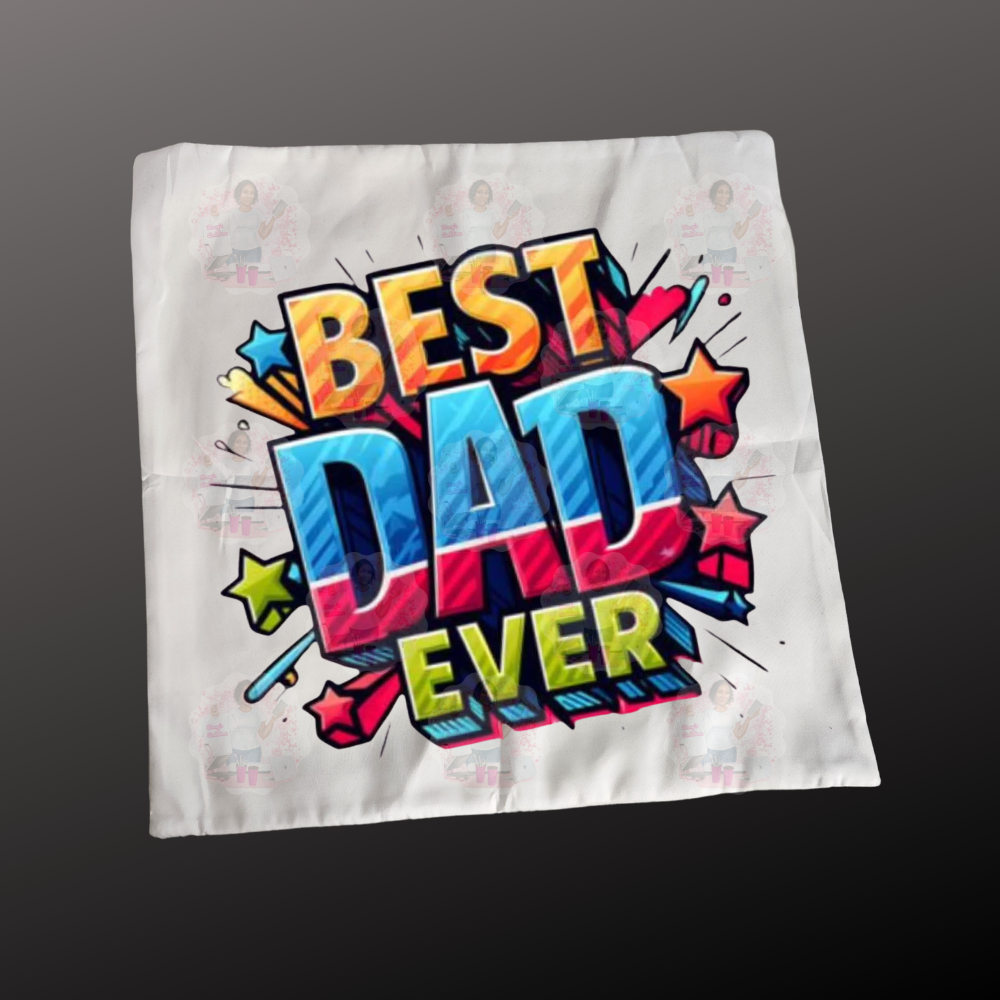 White pillow case with colorful 'Best Dad Ever' text on a dark background