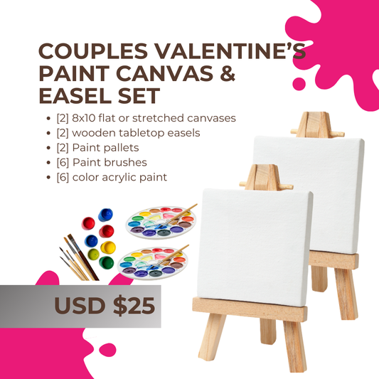 Couples Valentine's paint canvas and easel set with canvases, easels, paint pallets, brushes, and acrylic paint on a white background.