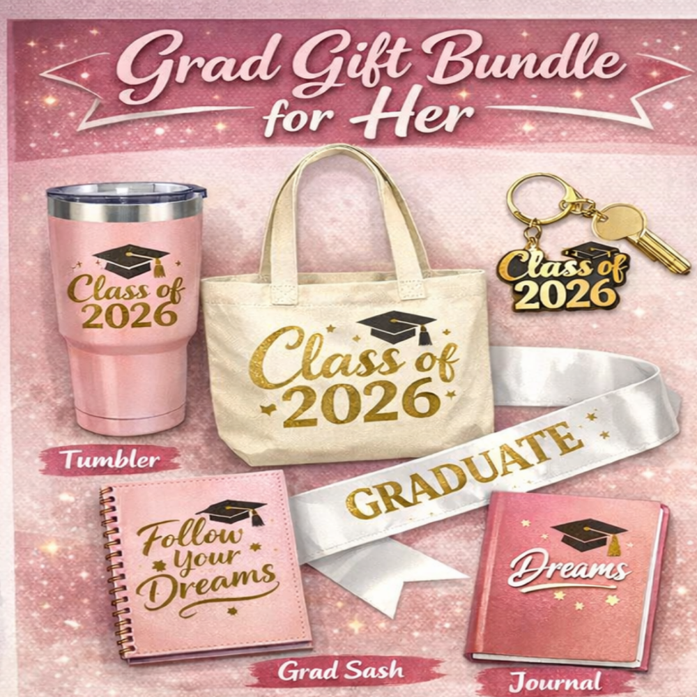 Graduation gift bundle for her with tumbler, tote bag, keychain, sash, and notebook on a pink background.