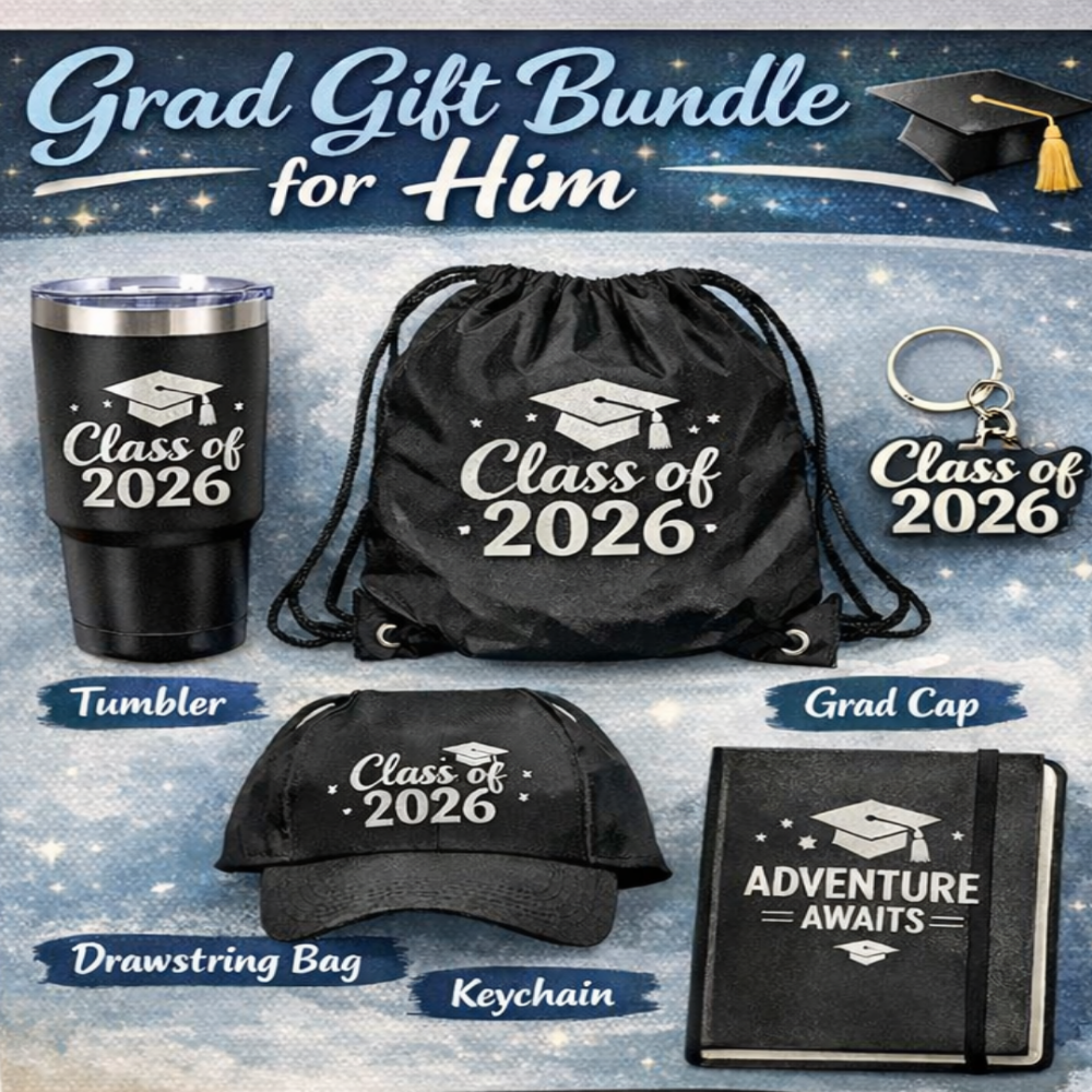 Graduation-themed gift bundle for him with tumbler, drawstring bag, cap, keychain, and notebook on a blue background.