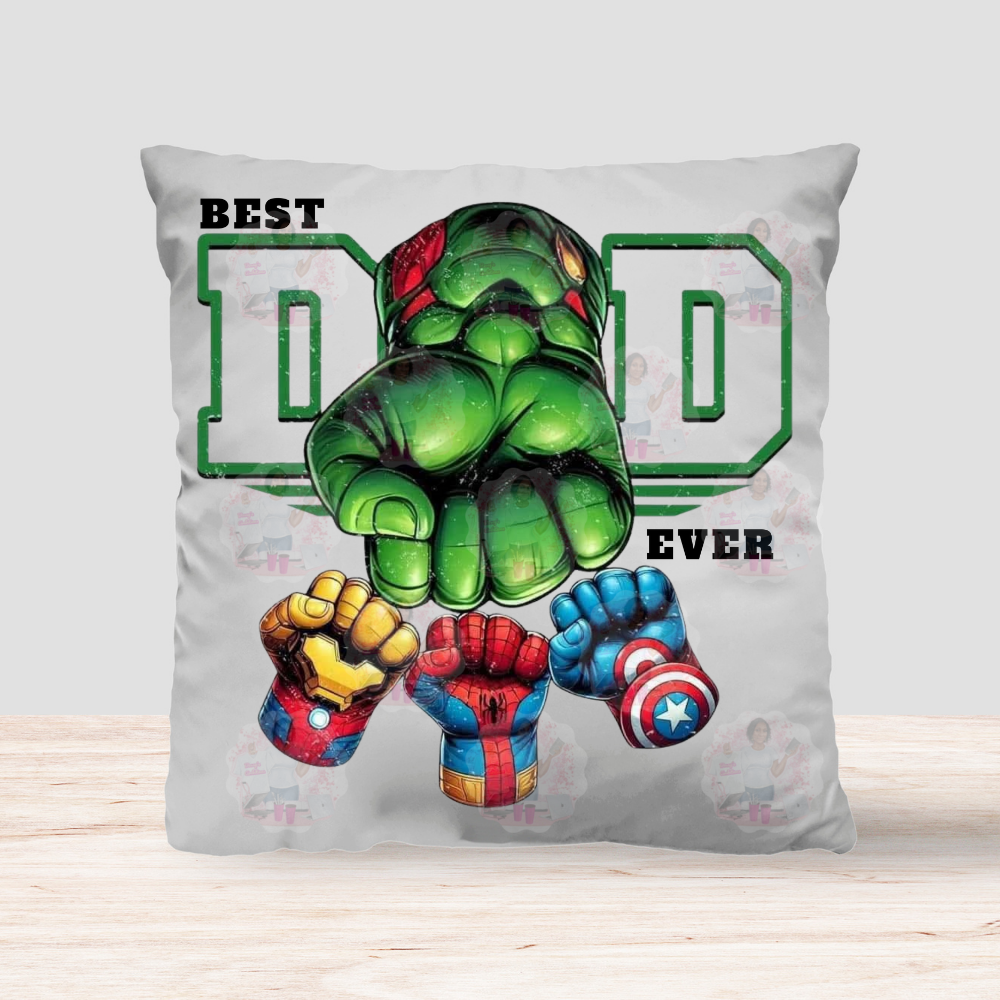 A decorative pillow with a graphic design of a superhero character and the text 'BEST DAD EVER'.