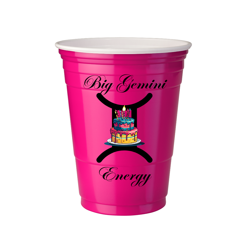 Pink cup with 'Big Gemini Energy' text and cake illustration on a transparent background