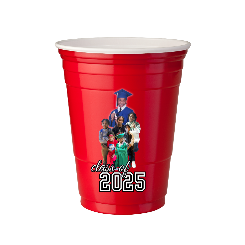 Red plastic cup with a printed design of a family and 'class of 2025' text on a white background