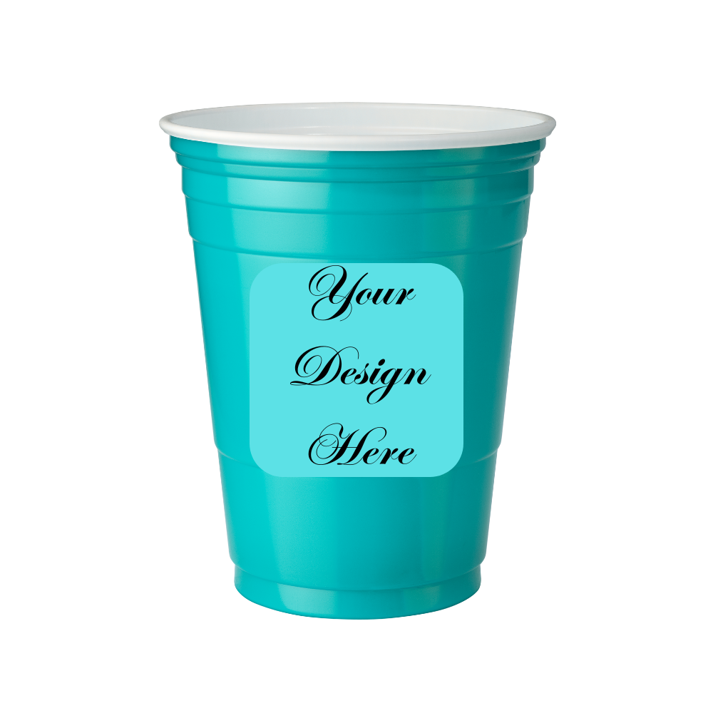 Turquoise plastic cup with a customizable label on a transparent background