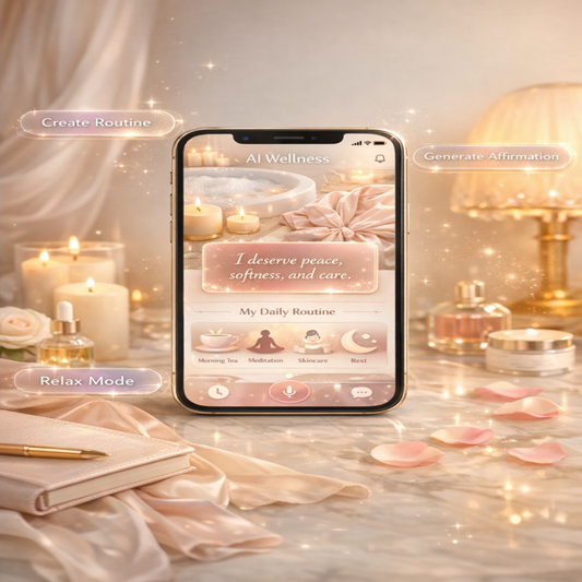 Smartphone displaying a wellness app interface with candles, flowers, and a lamp in the background