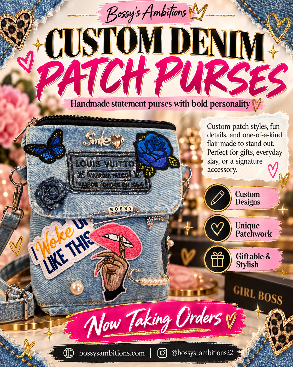 Bossy's Ambitions custom denim patch purses promotional flyer
